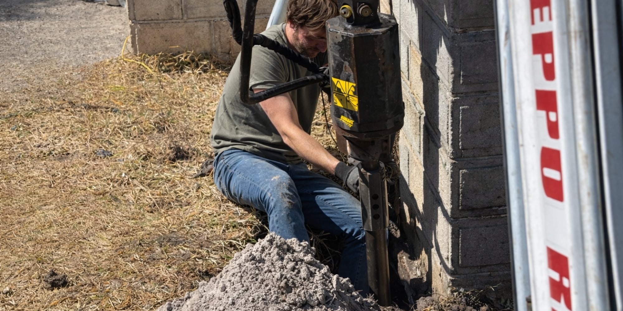 Foundation specialist installing a helical pier in foundation wall in Northern Florida to provide deep support and stabilization.