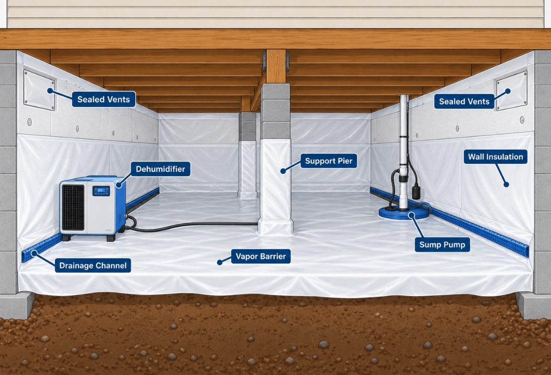 Illustration of crawl space encapsulation system components showing what affects crawl space encapsulation cost in Jacksonville, FL.