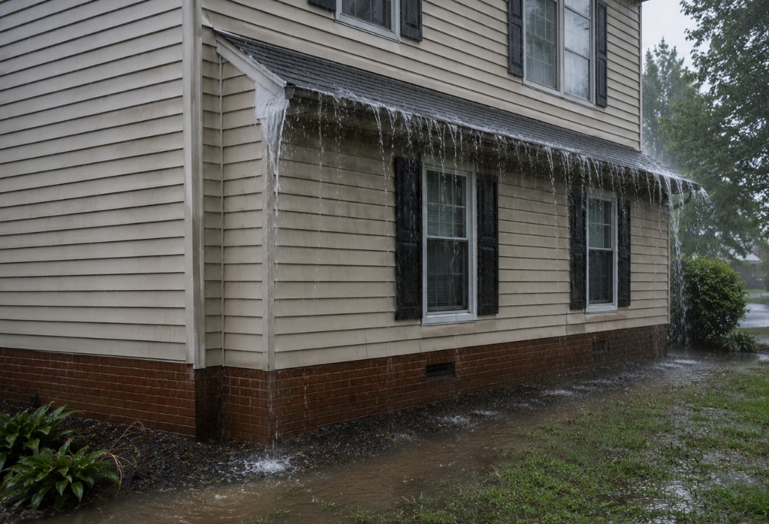 Heavy rainfall pooling at a home foundation wall showing drainage issues that affect crawl space encapsulation cost in Ocala, FL.