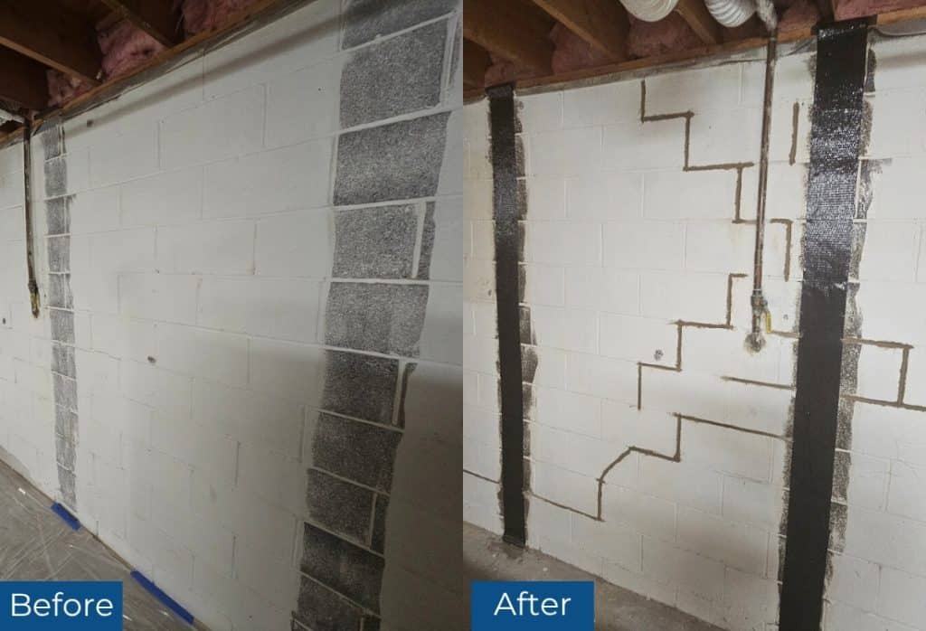 Foundation wall before and after carbon fiber installation showing the worth of carbon fiber foundation repair cost in Gainesville, FL.