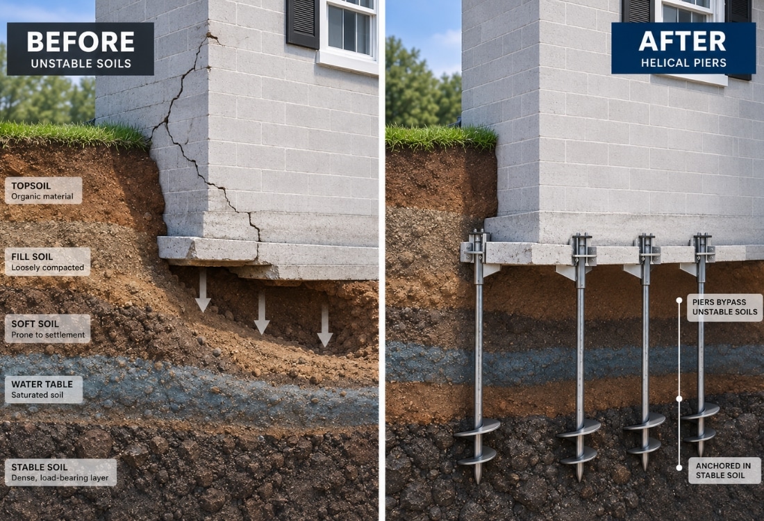Illustration showing helical piers solving foundation settlement by anchoring into stable soil beneath unstable surface in Ocala, FL.