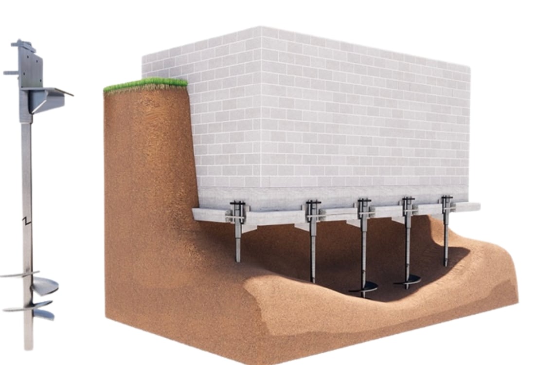 Illustration of how helical pier works showing helical plates reaching stable soil in Jacksonville, FL.