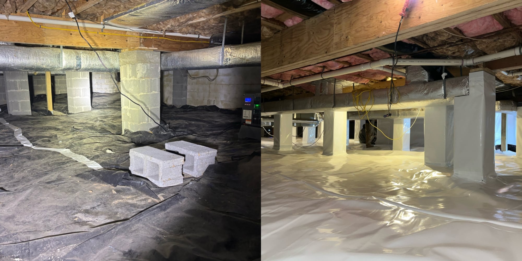Before and after comparison showing crawl space encapsulation cost results from bare space to clean sealed area in Northern Florida.
