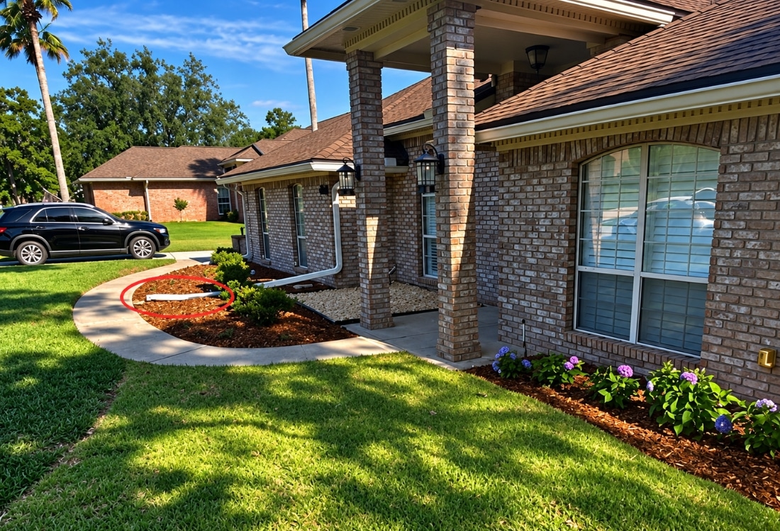 Pipe running through mulch bed near brick foundation before underground downspout drainage installation in Jacksonville, FL.