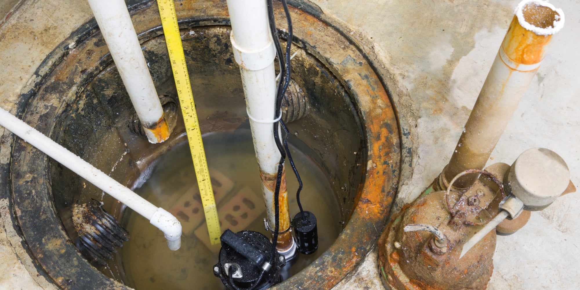 Rusted sump pump submerged in murky water during inspection for sump pump failure in Northern Florida.
