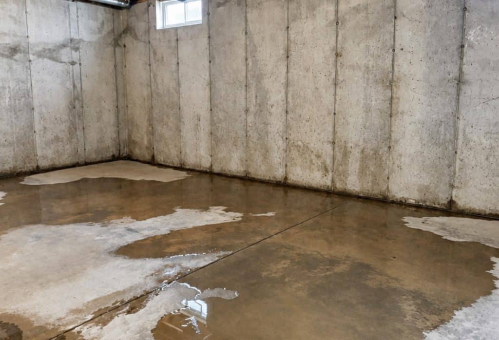 Standing water and wall staining in a basement caused by poor drainage and sump pump failure in St Augustine, Florida.
