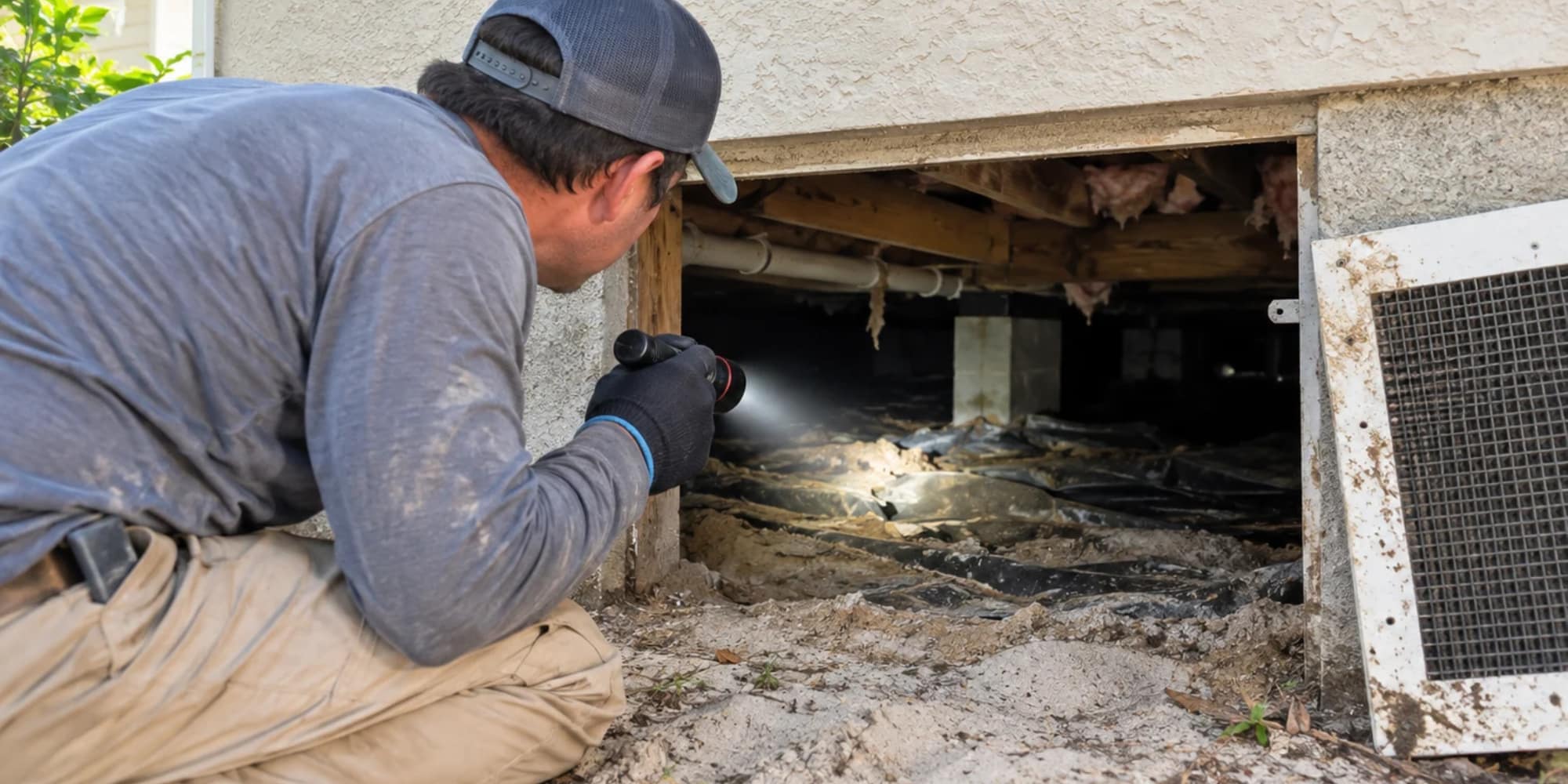 A homeowner performing a crawl space inspection using the checklist with a flashlight at the crawl space door in Northern Florida.