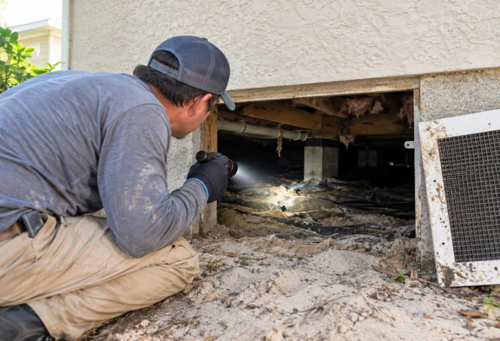Homeowner using a flashlight into an open crawl space vent for a crawl space inspection walkthrough in St. Augustine, FL.
