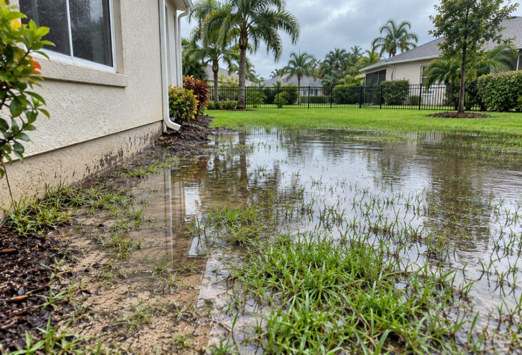 Standing water pooling in a yard after heavy rain showing the need for French drain installation in Jacksonville, FL.