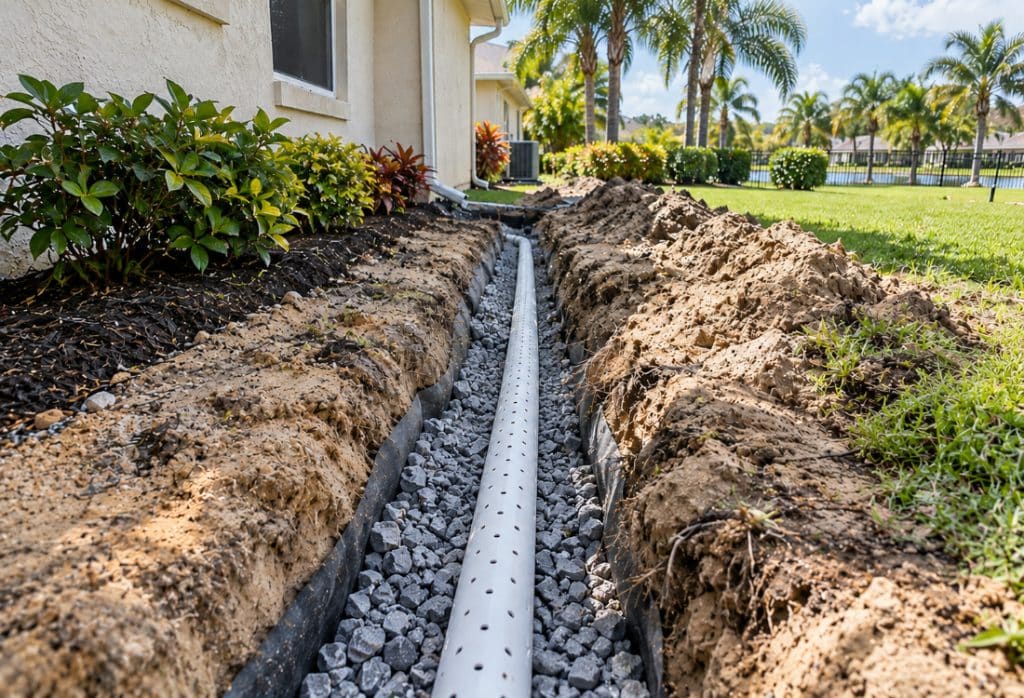 French drain installation in Gainesville, FL, blending into landscaping and protecting the yard from standing water.