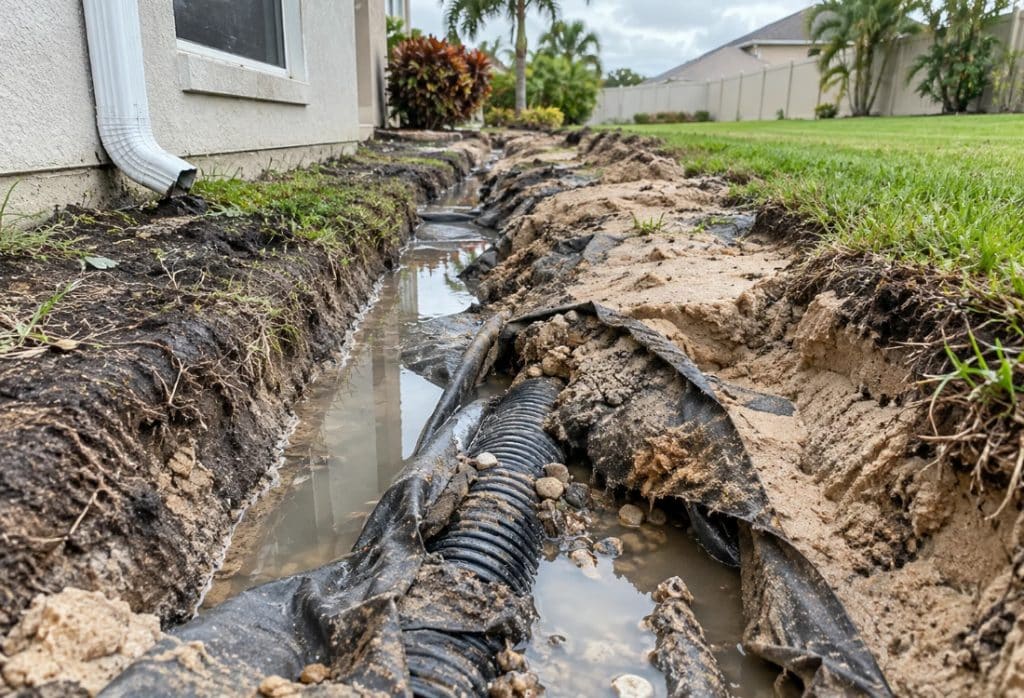 Improperly installed French drain pipe showing clogging and poor slope in soil, a mistake of french drain installation in Ocala, FL.